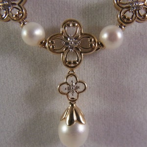 Vintage 10k Gold Pearl Draping Necklace with Diamonds image 2