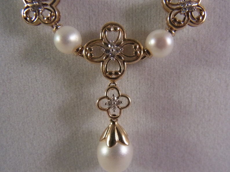 Vintage 10k Gold Pearl Draping Necklace with Diamonds image 2