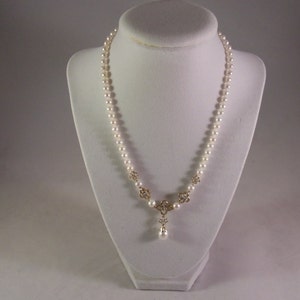 Vintage 10k Gold Pearl Draping Necklace with Diamonds image 1