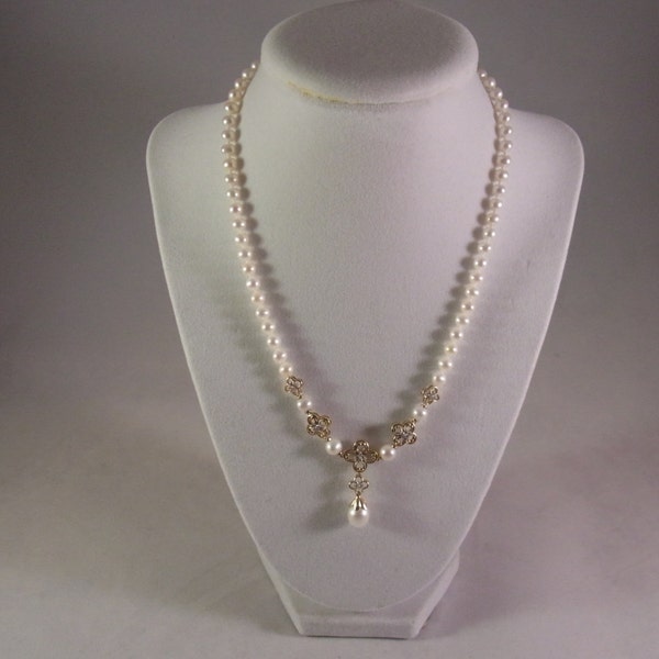 Vintage 10k Gold Pearl Draping Necklace with Diamonds