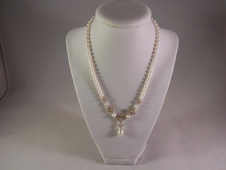 Vintage 10k Gold Pearl Draping Necklace with Diamonds image 1