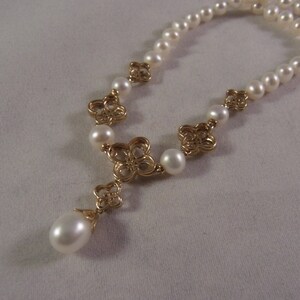 Vintage 10k Gold Pearl Draping Necklace with Diamonds image 3