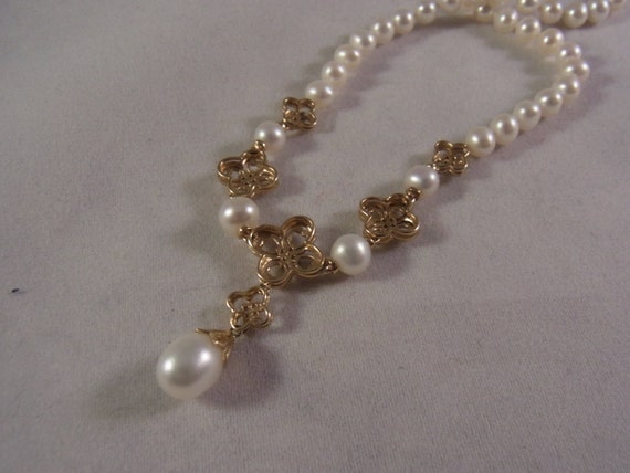 Vintage 10k Gold Pearl Draping Necklace with Diam… - image 3