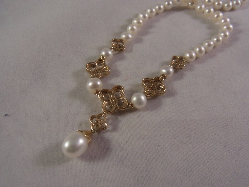 Vintage 10k Gold Pearl Draping Necklace with Diamonds image 3