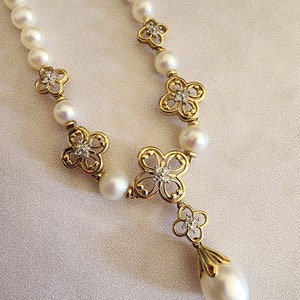Vintage 10k Gold Pearl Draping Necklace with Diamonds image 6