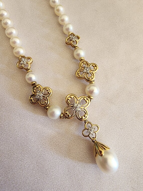 Vintage 10k Gold Pearl Draping Necklace with Diam… - image 6