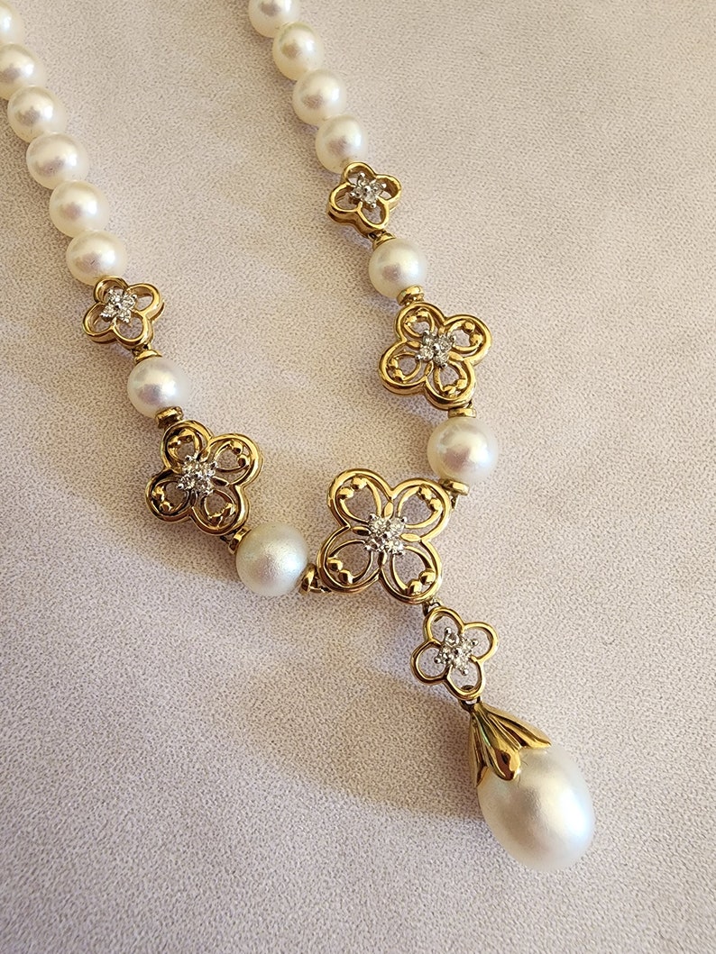 Vintage 10k Gold Pearl Draping Necklace with Diamonds image 6