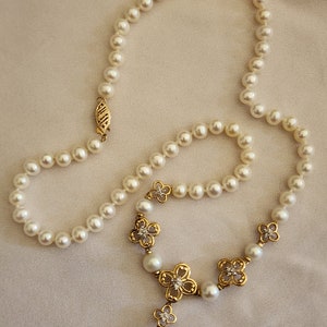 Vintage 10k Gold Pearl Draping Necklace with Diamonds image 9