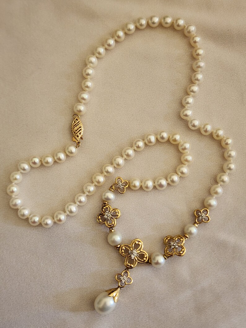 Vintage 10k Gold Pearl Draping Necklace with Diamonds image 9