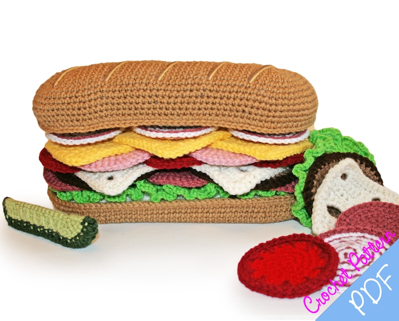 Crochet Pattern, Sub Sandwich Coaster Set, Crochet Food, Amigurumi, Crochet Kids Toys, Crochet Plushie, Crochet Hogie, Crochet Softie image 1