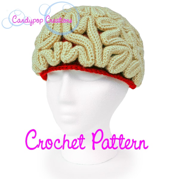 Crochet Pattern, Brain Beanie, Brain Hat, Crochet Brain, Science Crochet, Crochet Halloween Costume, March For Science, Zombie Crochet