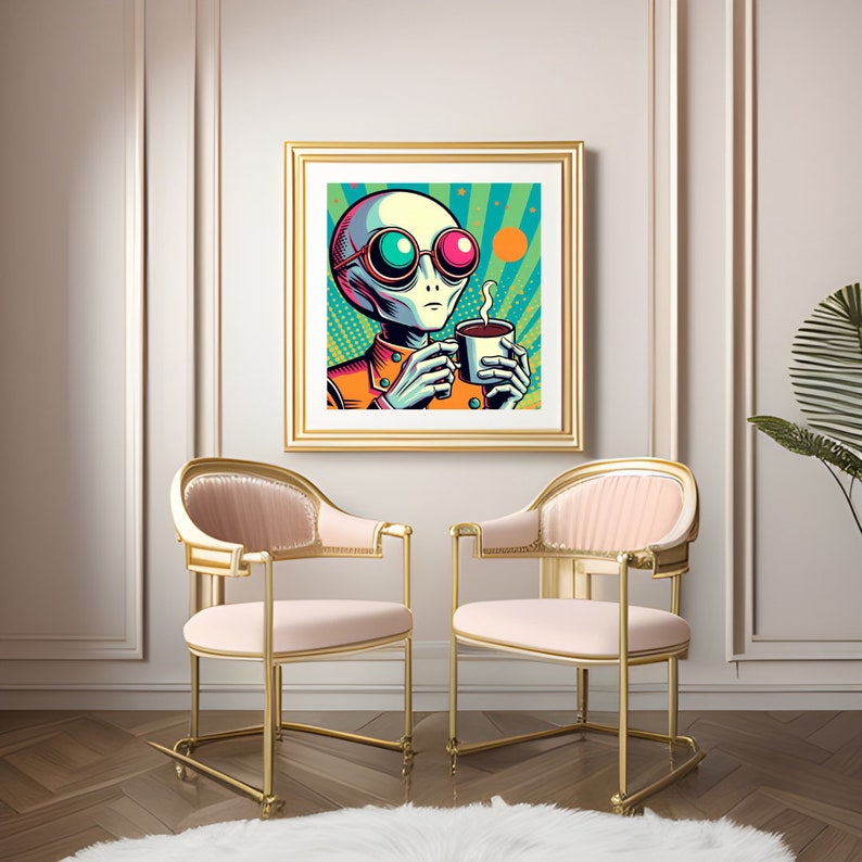 Alien Drink Coffee Retro Pop Art Poster, UFO Printable Wall Art, Alien ...
