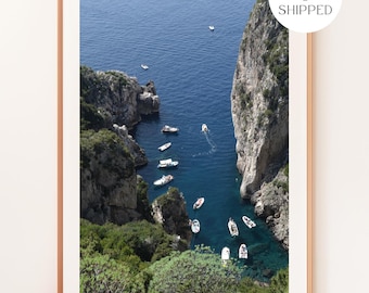 Lámina de Capri, Italia, Barcos del Mediterráneo, Arte mural de verano italiano