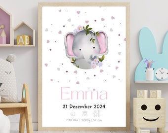 Birth board elephant with flowers | birth poster | birth announcement | birth picture | personalized gift | German | English