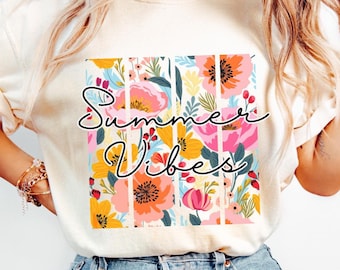 Floral Summer Vibes Unisex Garment-Dyed T-Shirt, Summer Retro Flowers Casual Tee, Floral Shirt, Gift for Her, Spring Fashion Graphic Shirt