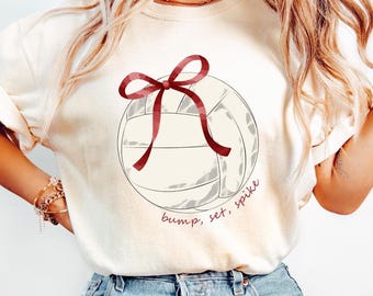 Coquette Bow Volleyball Team Shirt for Her, Bump Set Spike tee for Sports Attire, Game Day Garnet Bow t-shirt, Vintage Red Bow Tee college