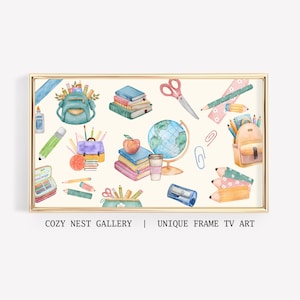 Quadro decorativo para TV de volta às aulas | Decoração de sala de aula | Materiais escolares em aquarela
