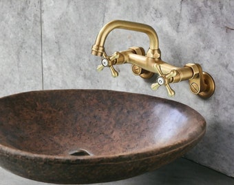 Antique Finish Bathroom and Kitchen Brass Faucet , Bath Decoration , Wall Mount Bathroom Tap , Kitchen Faucet Vanity