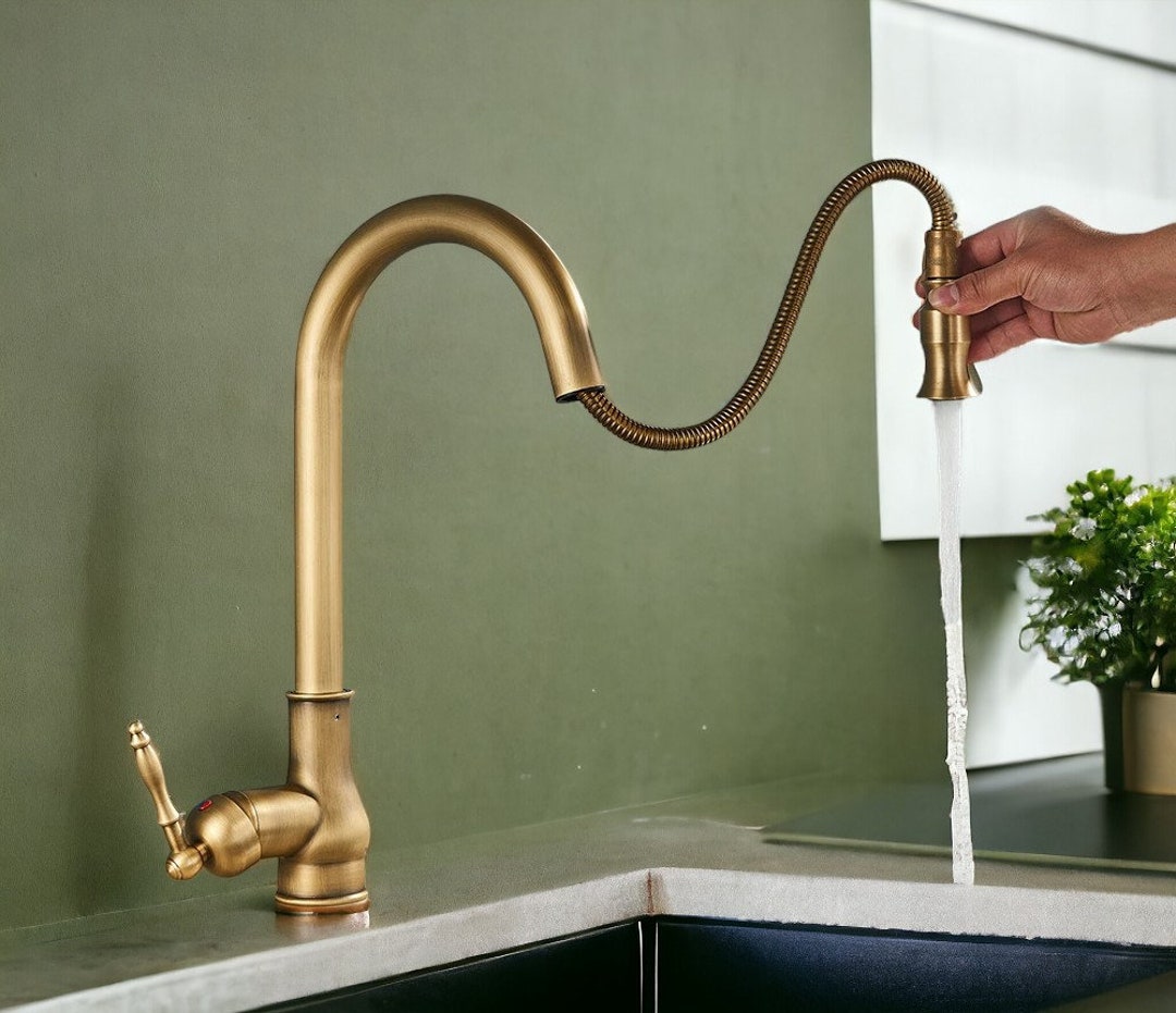 Antique Style Brass Kitchen Faucet , Pull Down Spray Faucet , Kitchen ...