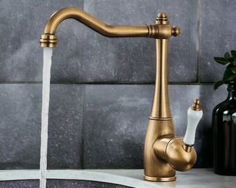 Ceramic Handle Antique Brass Kitchen Faucet , Kitchen Vanity , Bathroom Basin Mixer Tap , Vessel Sink Faucet