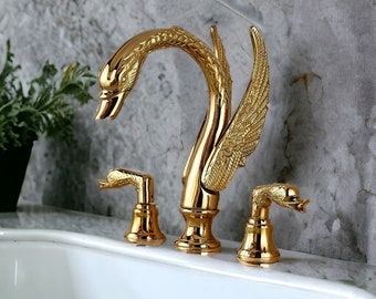 Poliertes Goldmessing Badezimmer Wasserhahn, Badezimmer Waschtischarmatur, Beckenmischbatterie, Schwan Wasserhahn, Badezimmerdekoration Design