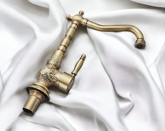 Carved Brass Faucet , Kitchen and Bathroom Faucet , Vessel Sink Bathroom Tap , Kitchen Sink Tap , Basin Mixer Tap