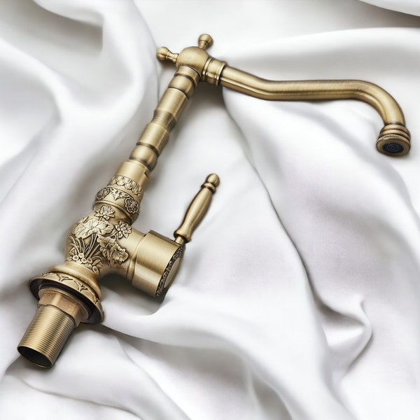 Carved Brass Faucet , Kitchen and Bathroom Faucet , Vessel Sink Bathroom Tap , Kitchen Sink Tap , Basin Mixer Tap