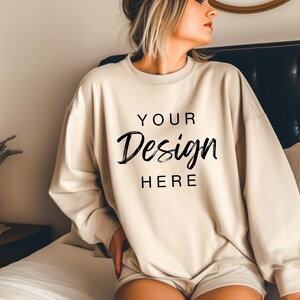 Gildan 18000 Sand Sweatshirt Mockup, G180 Sand Crewneck Mockup, Model Mock, Gildan 180 Beige Tan Sweater, Casual Neutral Simple Mock-up