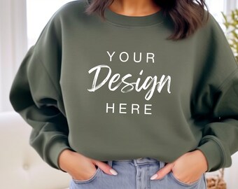 Gildan 18000 Military Green Sweatshirt Mockup, G180 Green Crewneck Mock-up, Model Mock, Gildan 18000 Military, Casual Everyday Aesthetic