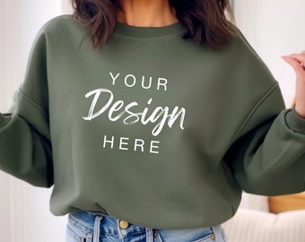 Gildan 18000 Military Green Sweatshirt Mockup, G180 Green Crewneck Mock-up, Model Mock, Gildan 18000 Military, Casual Everyday Aesthetic