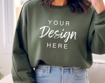 Gildan 18000 Military Green Sweatshirt Mockup, G180 Green Crewneck Mock-up, Model Mock, Gildan 18000 Military, Casual Everyday Aesthetic