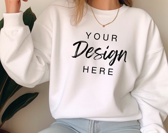 Gildan 18000 White Sweatshirt Mockup, G180 White Crewneck Mockup, Model Mock, Gildan 18000 White Sweater, Simple Natural Basic Mockup