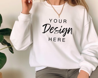 Gildan 18000 White Sweatshirt Mockup, G180 White Crewneck Mockup, Model Mock, Gildan 18000 White Sweater, Simple Natural Basic Mockup