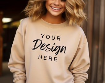 Gildan 18000 Mockup, Gildan Sand Sweatshirt Mockup, Sweatshirt Model Mockup, Gildan Sand, 18000 Sand, Simple Mockups, Sand Crewneck