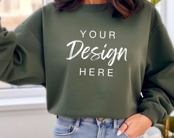 Gildan 18000 Military Green Sweatshirt Mockup, G180 Green Crewneck Mock-up, Model Mock, Gildan 18000 Military, Casual Everyday Aesthetic