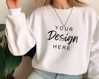 Gildan 18000 White Sweatshirt Mockup, G180 White Crewneck Mockup, Model Mock, Gildan 18000 White Sweater, Simple Natural Basic Mockup