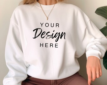 Gildan 18000 White Sweatshirt Mockup, G180 White Crewneck Mockup, Model Mock, Gildan 18000 White Sweater, Simple Natural Basic Mockup