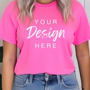 Bella Canvas 3001 Mockup, Charity Pink Mockup, Boho Tee Shirt Woman Model Mockup Charity Pink T-Shirt Mockup, Unisex Shirt Mockup Pink Shirt