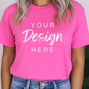 Bella Canvas 3001 Mockup, Charity Pink Mockup, Boho Tee Shirt Woman Model Mockup Charity Pink T-Shirt Mockup, Unisex Shirt Mockup Pink Shirt