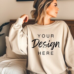 Gildan 18000 Sand Sweatshirt Mockup, G180 Sand Crewneck Mockup, Model Mock, Gildan 180 Beige Tan Sweater, Casual Neutral Simple Mock-up