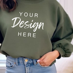 Gildan 18000 Military Green Sweatshirt Mockup, G180 Green Crewneck Mock-up, Model Mock, Gildan 18000 Military, Casual Everyday Aesthetic