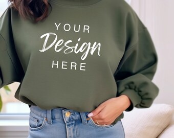 Gildan 18000 Military Green Sweatshirt Mockup, G180 Green Crewneck Mock-up, Model Mock, Gildan 18000 Military, Casual Everyday Aesthetic