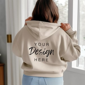Gildan 18500 Sand Hoodie Mockup, G185 Hooded Sweatshirt Mockup, Model Mock, Gildan 18500 Hoodie, Simple Beige Tan Hooded Sweatshirt Mock