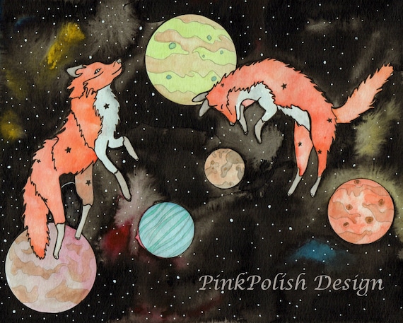 Star Foxes Constellation Inspired Watercolor Print Handmade Note Card
