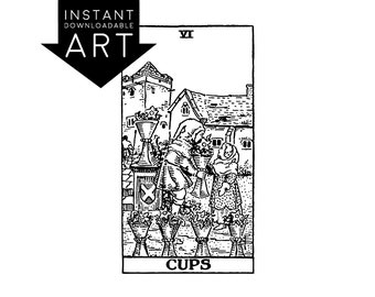 DIGITAL PRINT Six of Cups Tarot Card instant download Rider-Waite black and white Minor Arcana rider waite