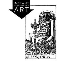 DIGITAL PRINT Queen of Cups Tarot Card instant download Rider-Waite black and white Minor Arcana rider waite