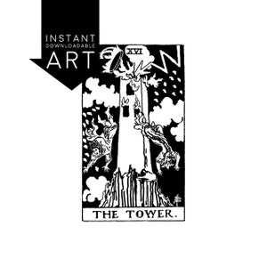 DIGITALDRUCK Turm Tarot Karte Sofort-Download Rider-Waite Schwarzweiß Reiter Warten XVI
