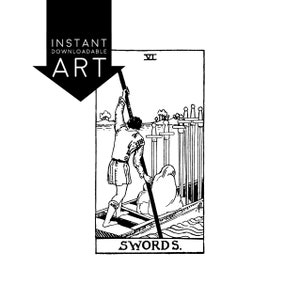 DIGITAL PRINT Six of Swords Tarot Card instant download Rider-Waite black and white Minor Arcana rider waite VI