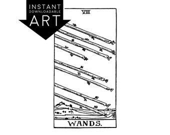 DIGITAL PRINT Eight of Wands Tarot Card instant download Rider-Waite black and white Minor Arcana printable rider waite