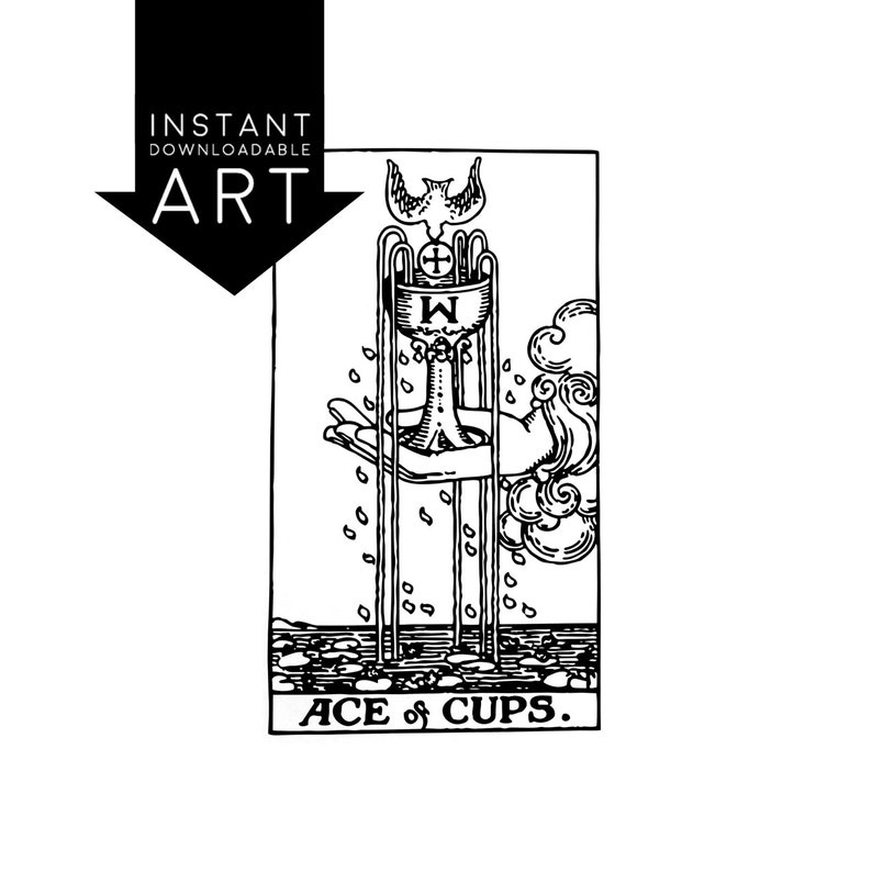 DIGITAL PRINT The Ace of Cups Tarot Card instant download Rider-Waite black and white Minor Arcana rider waite image 1